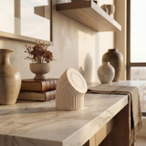 Phantom Display limited edition fluted concrete base stand in cream on wooden shelf with modern decor