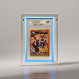 A front view of a 2006-07 Topps Chrome Gold Refractor LeBron James card encased in a Phantom Display prism slab case, authenticated by Beckett with a Gem Mint 9.5 grade. #authenticator_bgs