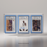 An front view of a trio of Kobe Bryant trading cards encased in Phantom Display slab cases, authenticated by Beckett with grades of 7 and 9, highlighting vibrant designs and autographs. #authenticator_bgs