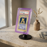 Phantom Display Magneto Color purple Prism case with PSA Alakazam Shadowless Holo card