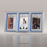 An angled view of a trio of Kobe Bryant trading cards encased in Phantom Display slab cases, authenticated by Beckett with grades of 7 and 9, highlighting vibrant designs and autographs. Prism #authenticator_bgs