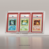 Phantom Prism Side view. A classic set of Japanese Pokémon cards featuring Blastoise, Venusaur, and Charizard, encased in Phantom Display slab cases, authenticated by PSA with grades of Gem Mint 10 and Mint 9. #authenticator_psa/cgc
