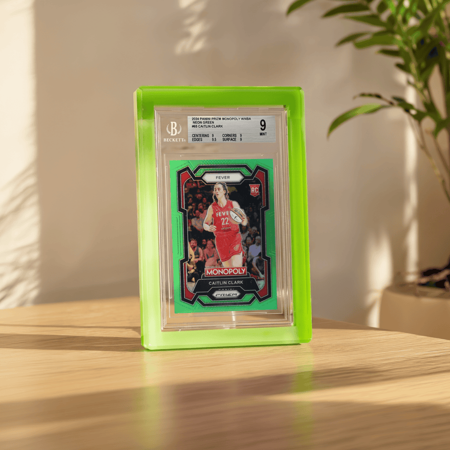 Phantom Display Magneto Color green Prism display with BGS Caitlin Clark Prizm Monopoly card