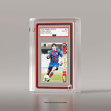 A Phantom Display slab case holding a 2004 Panini Sports Lionel Messi Mega Cracks card graded GEM MT 10 by PSA, protected with a sleek red-edged Slabmags design. #authenticator_psa