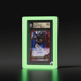 A Phantom Display glow-in-the-dark slab case elegantly featuring a 2022 Bowman Chrome Prospect Autos James Wood Red Lava Refractor card, graded 9.5 by Beckett, with a soft ghostly glow surrounding it. #authenticator_bgs