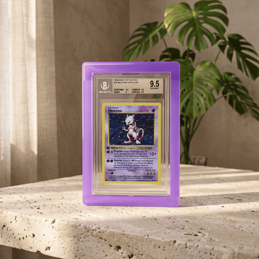 Phantom Display Magneto Color purple Rounded display with BGS 1st Edition Mewtwo holo card