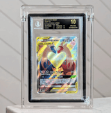 Phantom Display crystal acrylic card display showcasing a Beckett-graded Latias & Latios GX full art card with 99.6% UV protection.