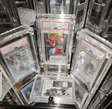 Phantom Display acrylic cases featuring PSA and BGS-graded Patrick Mahomes, Lamar Jackson, and other rookie autograph cards with 99.6% UV protection, ideal for premium sports card preservation.