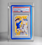 Phantom Display acrylic case showcasing a PSA-graded Conan & Frieren card with 99.6% UV protection and seamless magnetic closure, perfect for preserving and displaying collectible cards.