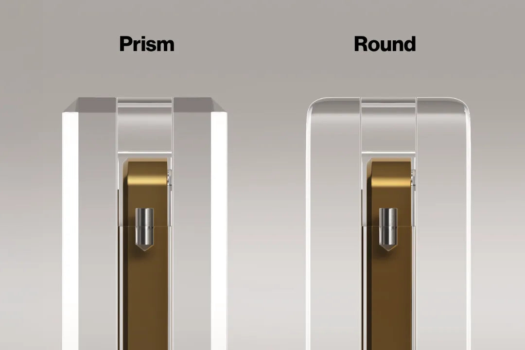 Edge and style options for the Phantom x Slabmags display: Prism has diamond-cut faceted edges, Round has smooth rounded edges.