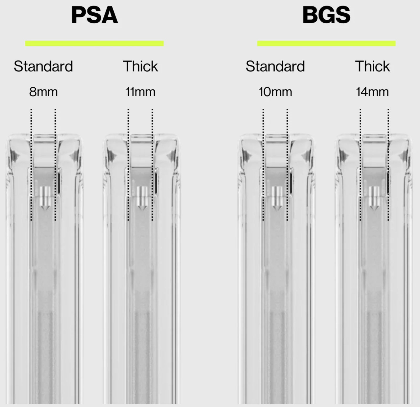 Slab depth comparison. PSA: standard 8mm, thick 11mm. BGS: standard 10mm, thick 14mm.