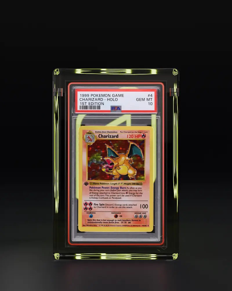 Phantom x Slabmags acrylic display with a PSA graded card, 360 degree view