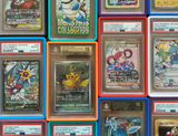 High-grade Pokémon card collection featuring Pikachu, Starmie, and rare trainer cards, encased in vibrant, protective Phantom Display cases with PSA and Beckett graded slabs.