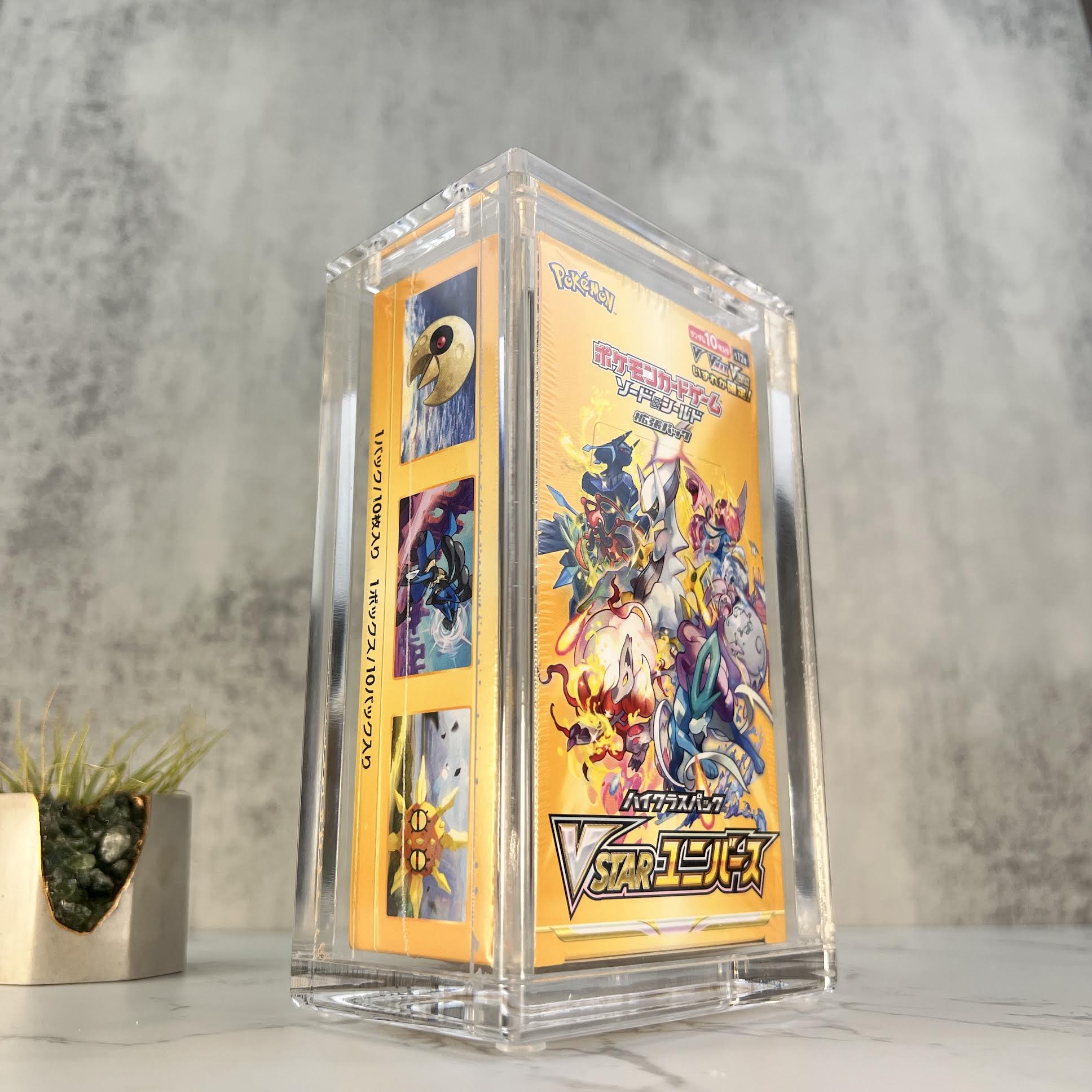 Ultra clear Pokemon Japanese booster box magnetic acrylic protective case, with crystal acrylic, with 99.6% UV protection against sun damage and fading. Fits Sword & Shield High Class, VMAX Climax Booster Box, VSTAR Universe, and more.