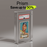 Prism acrylic display case highlighting a PSA-graded Mickey Mantle card. Engineered with crystal-clear acrylic for elegant card showcasing.