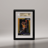 A Phantom Display Ultra acrylic case with a sleek black frame, showcasing a 2018-19 Panini Prizm Gold Kobe Bryant card graded BGS 9.5 GEM MINT. The black frame adds a sophisticated touch, perfectly framing the card’s vibrant artwork. #color_black