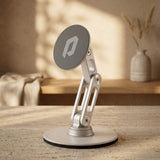 Magneto Desk Stand in Brushed Silver, precision-machined aluminum alloy articulating arm with 360-degree magnetic disc and weighted base