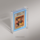 An angled view of a 2006-07 Topps Chrome Gold Refractor LeBron James card in a Phantom Display prism slab case, authenticated by Beckett with a Gem Mint 9.5 grade. #authenticator_bgs