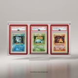 A classic set of Japanese Pokémon cards featuring Blastoise, Venusaur, and Charizard, encased in Phantom Display slab cases, authenticated by PSA with grades of Gem Mint 10 and Mint 9. #authenticator_psa/cgc