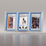 A set of three Kobe Bryant trading cards displayed in Phantom Display slab cases, each authenticated by Beckett, featuring grades of 7 (Near Mint) and 9 (Mint), showcasing iconic moments and autographs. #authenticator_bgs