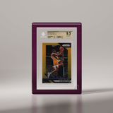 A Phantom Display Ultra acrylic case with a sleek black frame, showcasing a 2018-19 Panini Prizm Gold Kobe Bryant card graded BGS 9.5 GEM MINT. The black frame adds a sophisticated touch, perfectly framing the card’s vibrant artwork. #color_purple