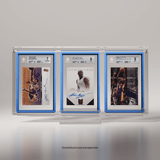 An angled view of a trio of Kobe Bryant trading cards encased in Phantom Display slab cases, authenticated by Beckett with grades of 7 and 9, highlighting vibrant designs and autographs. #authenticator_bgs