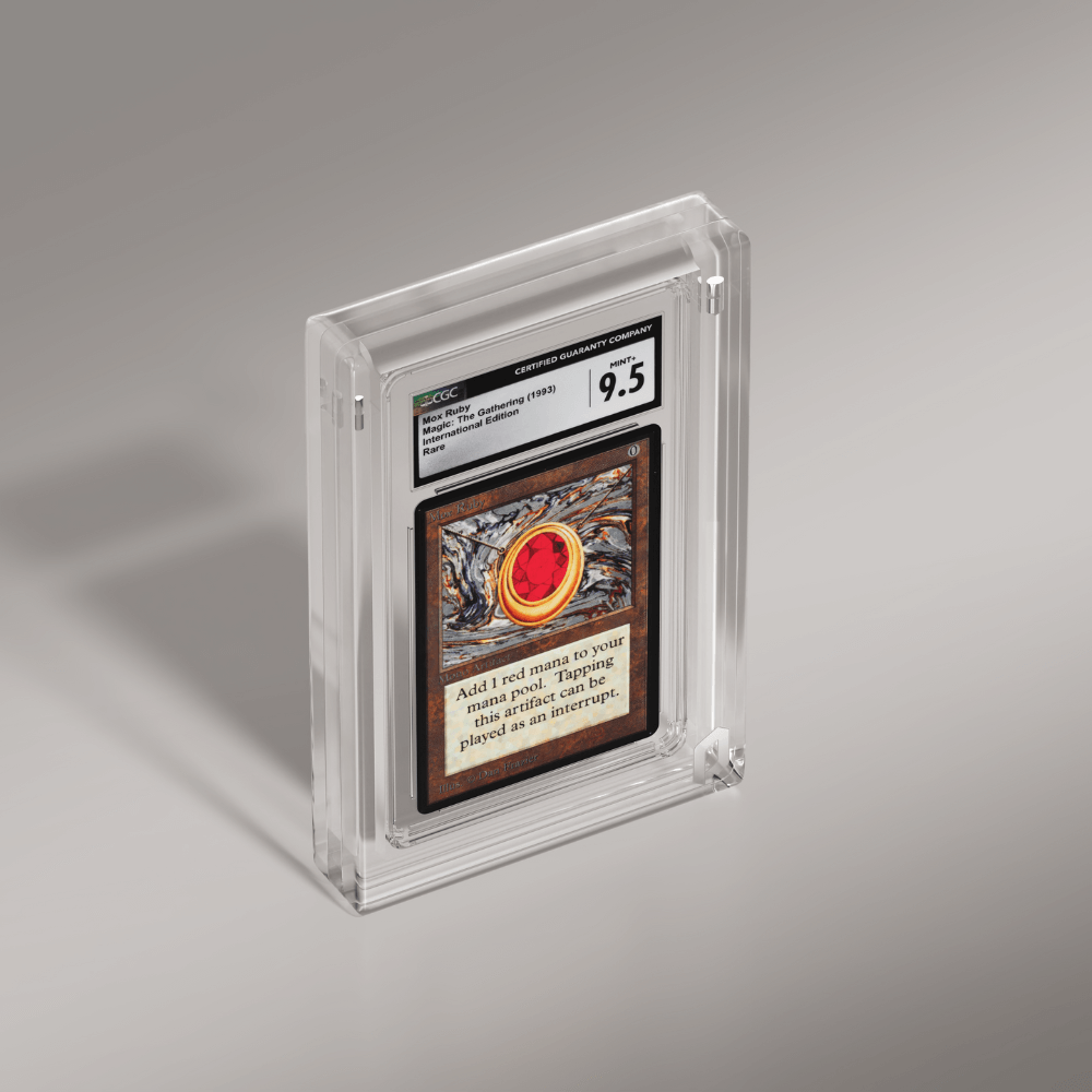 A premium Phantom Display slab case showcasing a Magic: The Gathering Mox Ruby card from the International Edition, graded Mint 9.5 by CGC, viewed at an angle to emphasize the slab's premium finish. #authenticator_psa/cgc