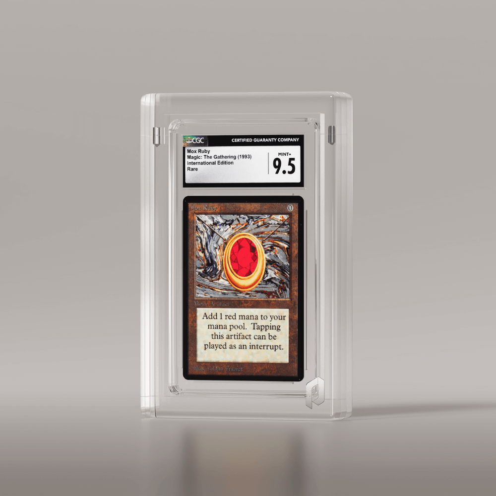 A premium Phantom Display slab case containing a Magic: The Gathering Mox Ruby card from the International Edition, graded Mint 9.5 by CGC. This high-quality display highlights the rarity and detail of the graded card. #authenticator_psa/cgc