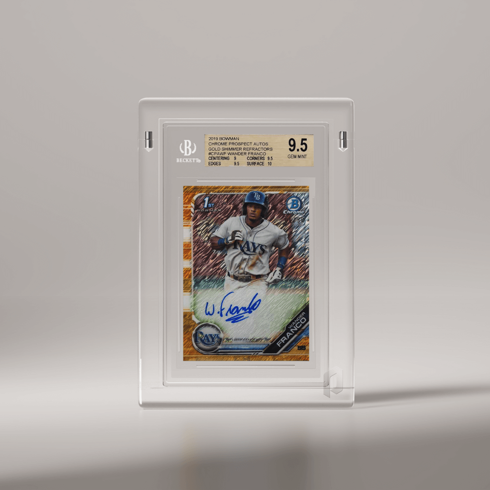 A premium Phantom Display slab case holding a 2019 Bowman Chrome Wander Franco Gold Shimmer Refractor autographed trading card graded Gem Mint 9.5 by Beckett. A sleek and secure display solution for high-value collectibles. #authenticator_bgs