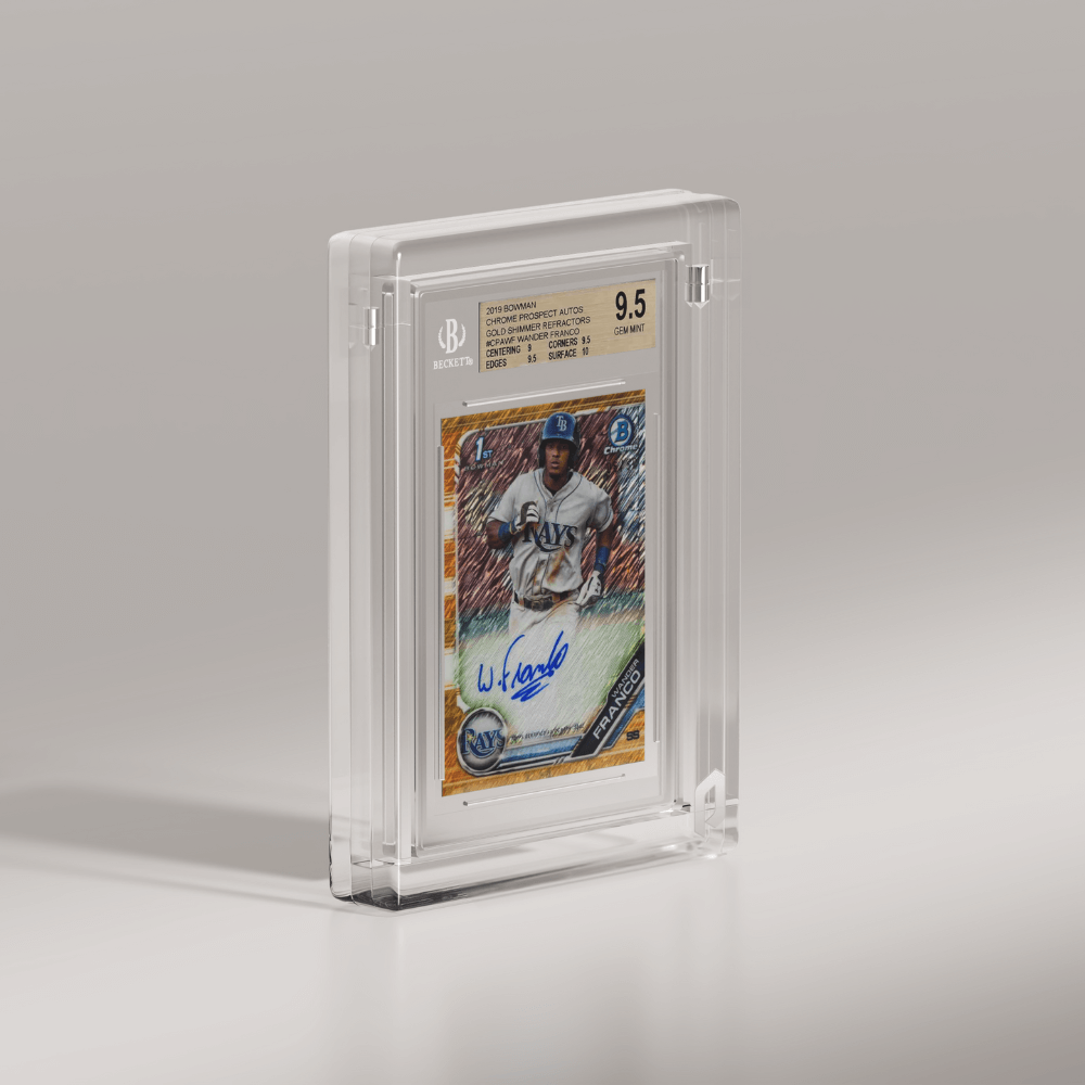 A premium Phantom Display slab case with a 2019 Bowman Chrome Wander Franco Gold Shimmer Refractor trading card graded Gem Mint 9.5 by Beckett. The display offers a refined and durable showcase for the collectible. #authenticator_bgs