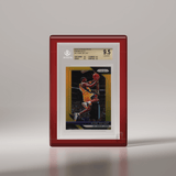 A Phantom Display Ultra acrylic case with a bold red frame, featuring a 2018-19 Panini Prizm Gold Kobe Bryant card graded by Beckett Grading Services (BGS) as 9.5 GEM MINT. The vivid red display complements the card’s dynamic design, making it stand out as a premium collectible. #color_red