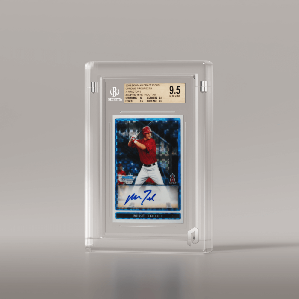 Phantom Display Nano slab case showcasing the iconic Mike Trout 2009 Bowman Chrome Prospects autograph card, graded GEM MINT 9.5 by Beckett, a must-have for baseball card enthusiasts. #authenticator_bgs