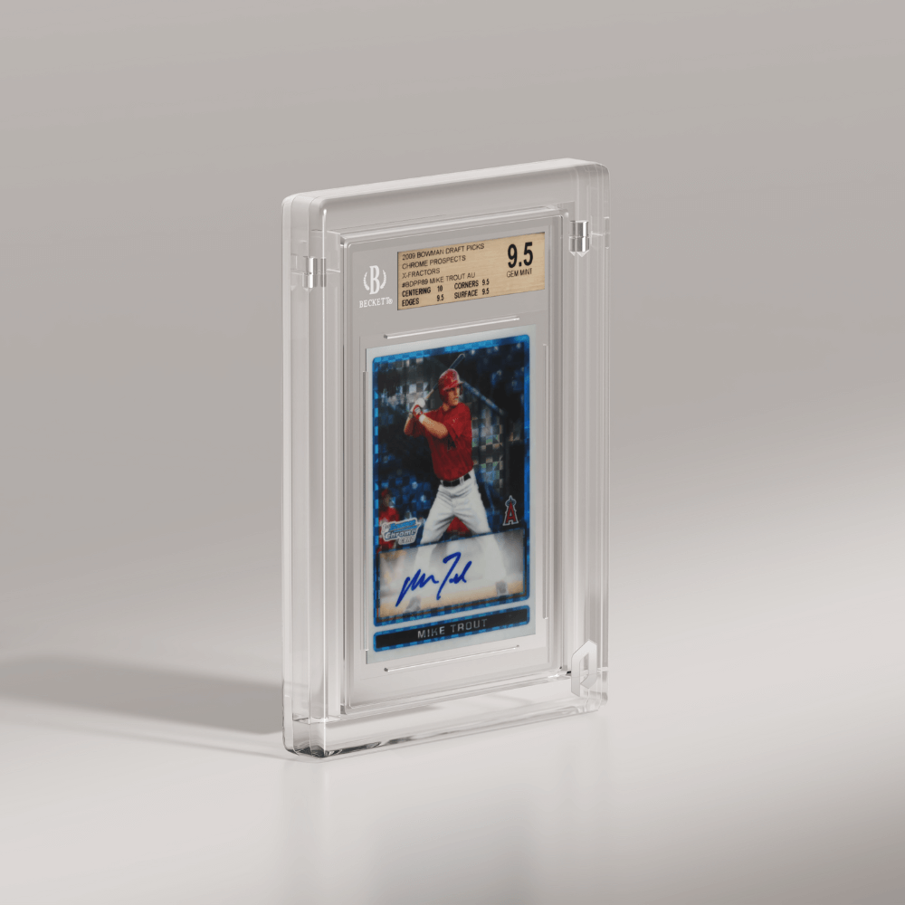 Phantom Display Nano slab case showcasing the iconic Mike Trout 2009 Bowman Chrome Prospects autograph card, graded GEM MINT 9.5 by Beckett, a must-have for baseball card enthusiasts. #authenticator_bgs