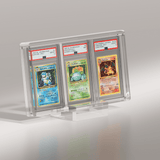 A side view of the Phantom Display Ultra slab case presenting three PSA-graded Pokémon cards, including classic Blastoise, Venusaur, and Charizard cards, in a sleek and professional display. #authenticator_psa/cgc 