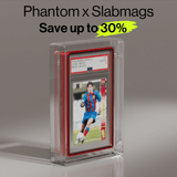 Red-edged Phantom x Slabmags case protecting a PSA-graded Lionel Messi sports card. Stylish and durable for premium collectibles.