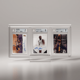 A clean, direct shot of the Phantom Display Ultra slab case featuring three Beckett-graded basketball cards, prominently showcasing the autographed cards and pristine display quality. #authenticator_bgs