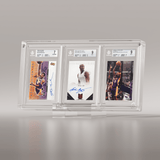 A front-facing view of the Phantom Display Ultra slab case holding three Beckett-graded basketball cards, including an autographed Kobe Bryant card, clearly highlighting their grades and details. #authenticator_bgs