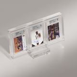 A side-angle view of the Phantom Display Ultra slab case showcasing three Beckett-graded basketball cards, including autographed cards, securely held and elegantly displayed in the case. #authenticator_bgs