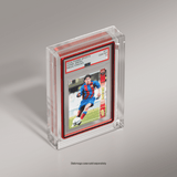 A side-angled view of a Phantom Display slab case featuring a 2004 Panini Sports Lionel Messi Mega Cracks card graded GEM MT 10 by PSA, with a red Slabmags border adding an extra layer of protection #authenticator_psa