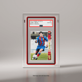 A front-facing Phantom Display slab case showcasing a 2004 Panini Sports Lionel Messi Mega Cracks card graded GEM MT 10 by PSA, enhanced by the red-edged Slabmags protector. #authenticator_psa