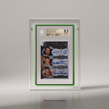 A front-facing Phantom Display slab case housing a Beckett-graded autographed card graded GEM MINT 9.5, accented by a green Slabmags frame for premium protection and display. #authenticator_bgs