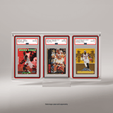 Three sports trading cards in display cases on a gray background