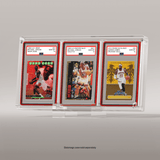 Three sports trading cards in a display case on a gray background