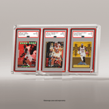 Three sports trading cards in a display case on a gray background