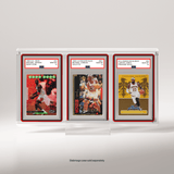 Three sports trading cards in display cases on a light gray background