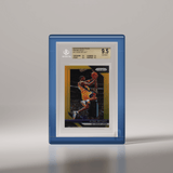 A Phantom Display Ultra acrylic case with a sleek blue frame, showcasing a 2018-19 Panini Prizm Gold Kobe Bryant card graded BGS 9.5 GEM MINT. The black frame adds a sophisticated touch, perfectly framing the card’s vibrant artwork. #color_blue