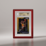 A Phantom Display Ultra acrylic case with a sleek red frame, showcasing a 2018-19 Panini Prizm Gold Kobe Bryant card graded BGS 9.5 GEM MINT. The black frame adds a sophisticated touch, perfectly framing the card’s vibrant artwork. #color_red