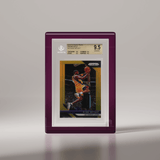 A Phantom Display Ultra acrylic case with a sleek purple frame, showcasing a 2018-19 Panini Prizm Gold Kobe Bryant card graded BGS 9.5 GEM MINT. The black frame adds a sophisticated touch, perfectly framing the card’s vibrant artwork. #color_purple