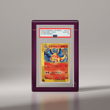 A PSA-graded vintage trading card of a charizard japanese pokemon card, shown upright in its protective slab case on a sleek purple color phantom display stand. #color_purple