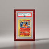 A PSA-graded vintage trading card of a charizard japanese pokemon card, shown upright in its protective slab case on a sleek red color phantom display stand. #color_red